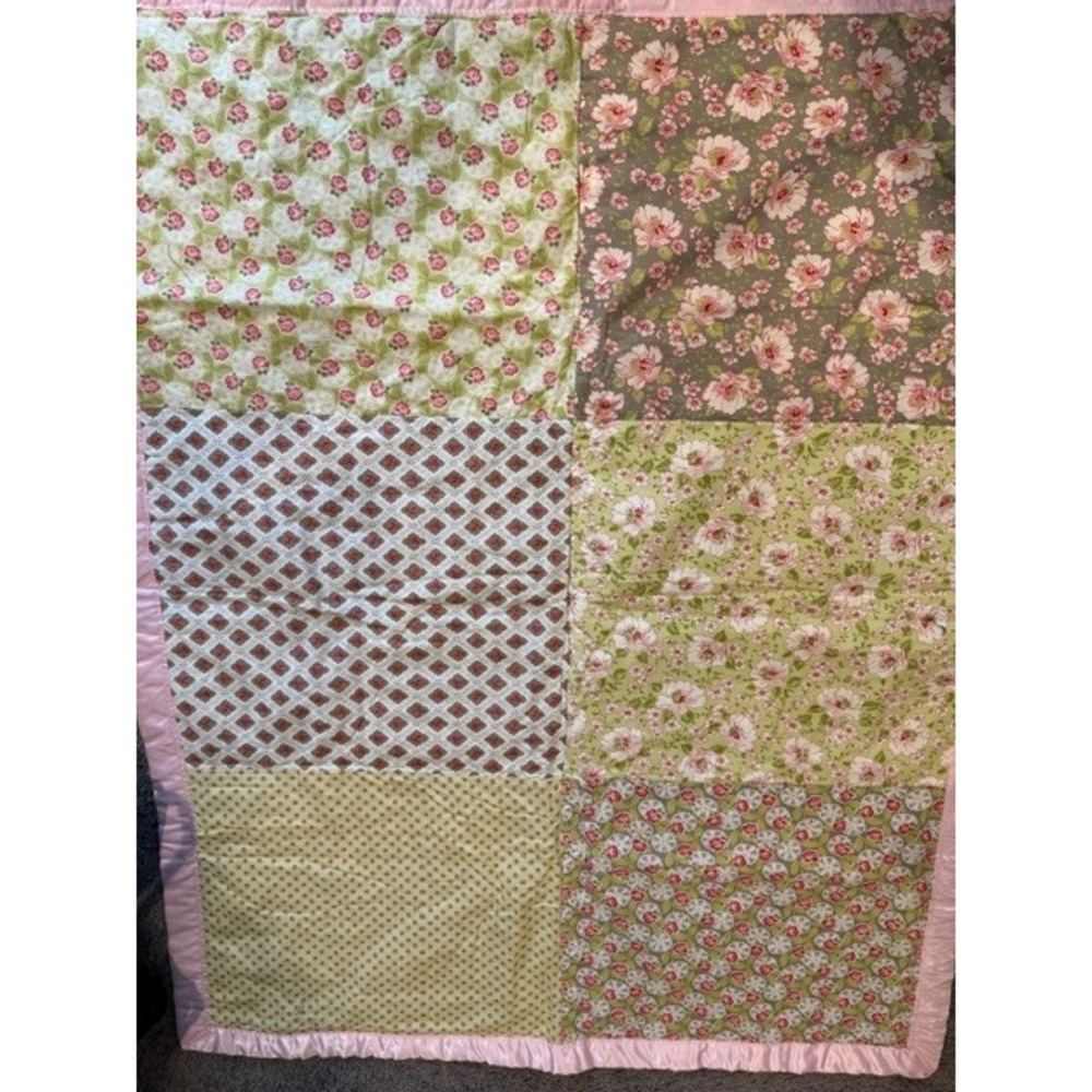 Handmade Floral Patchwork Baby Blanket Pink Satin Trim Cottagecore 52X41 Quilt